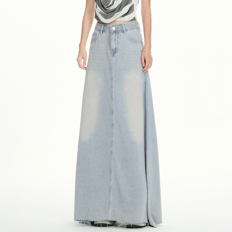 Style High-Waisted Flowy Denim Skirt Women's Spring Summer  Frayed Hem Flared Denim Skirt