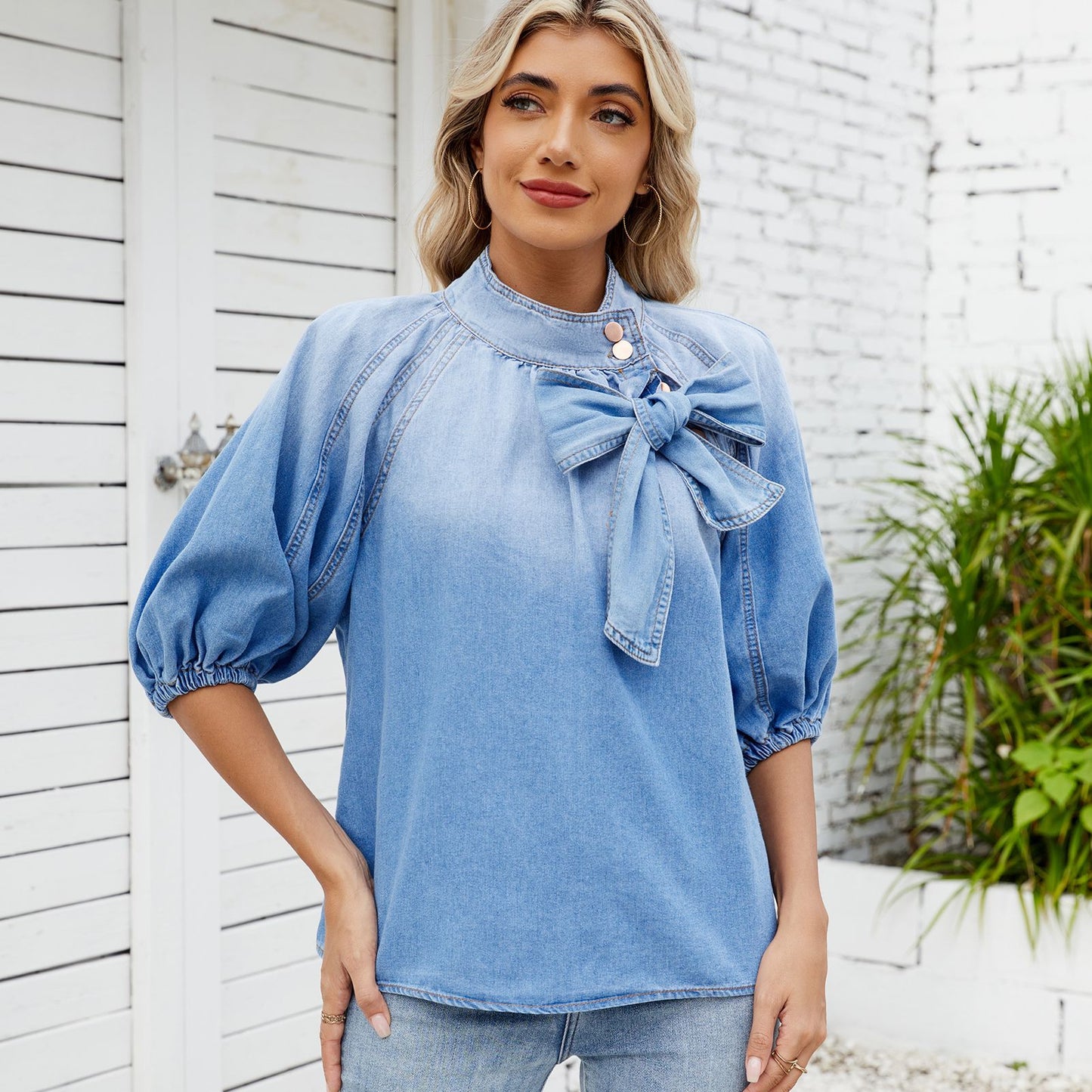 European and American loose collar tied denim shirt with bow top for women
