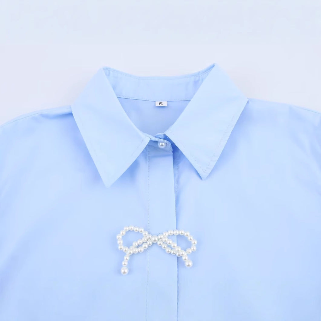 Casual collar long sleeved single breasted bow tie blue shirt top for women