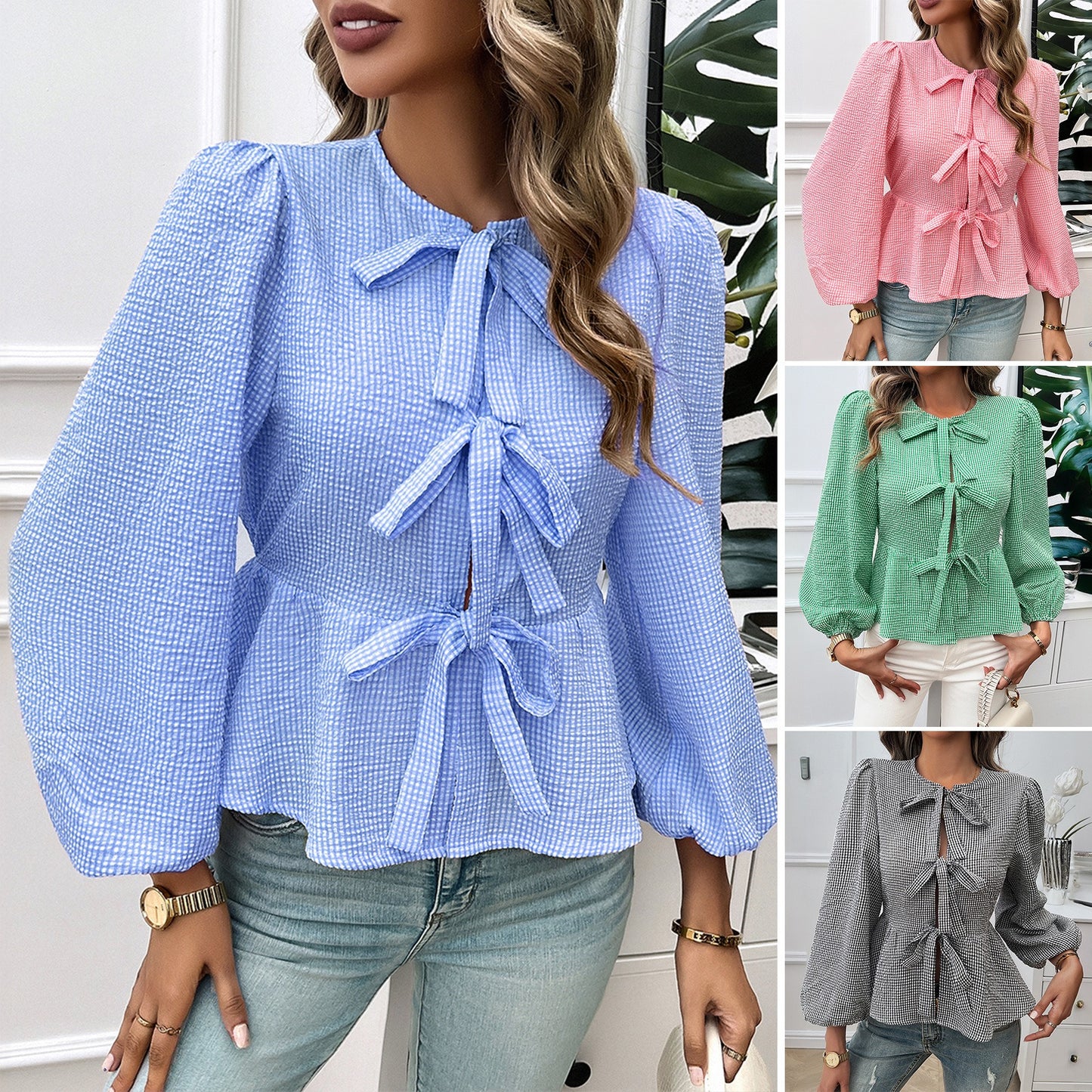 Autumn and winter women's casual bubble sleeves round neck loose long sleeved shirt for women