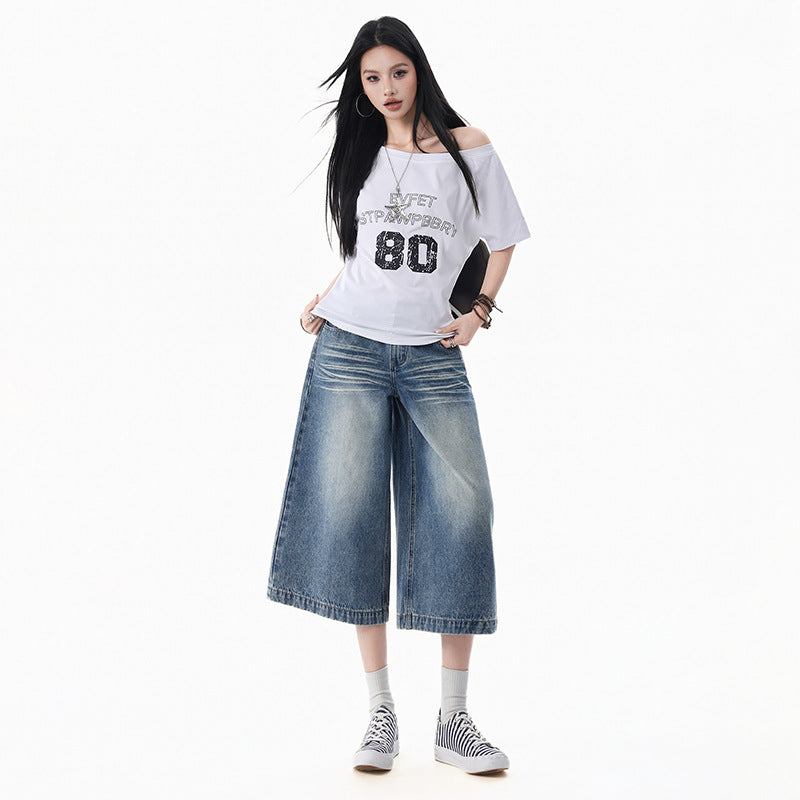Wide-Leg Seven-Eighth Denim Pants Women