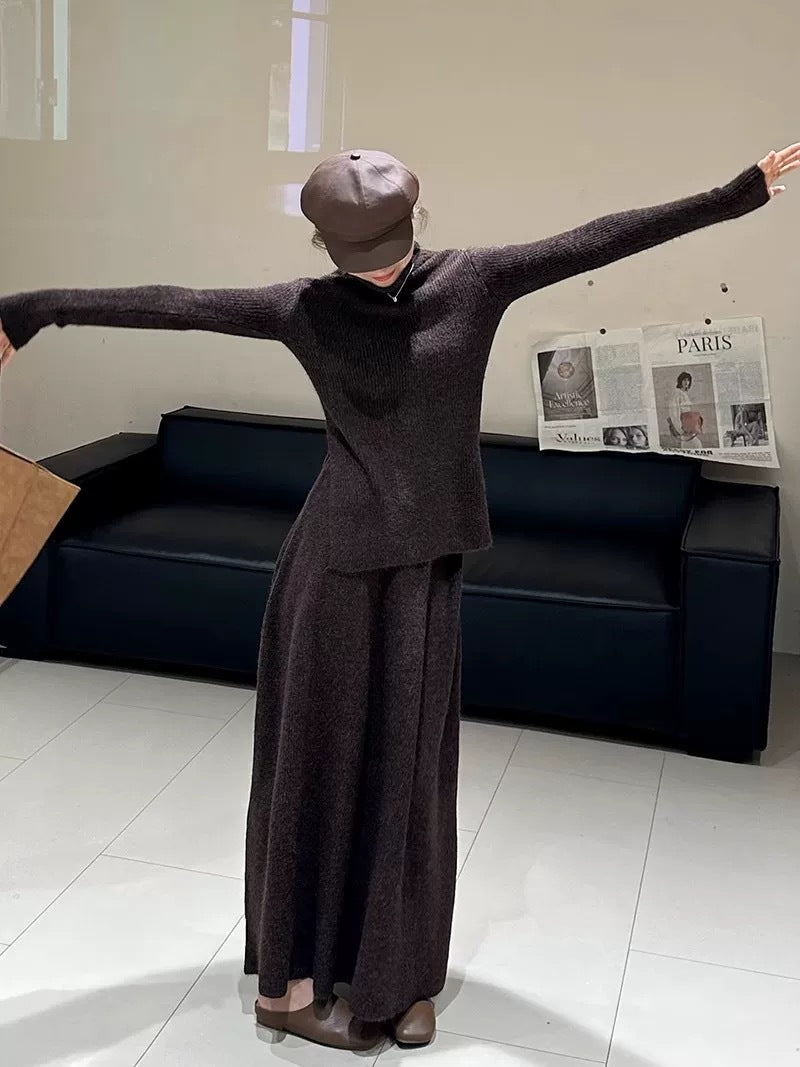 Turtleneck Knit Top and Half Skirt Two-Piece Set for Women, Elegant Slimming Knitwear Suit