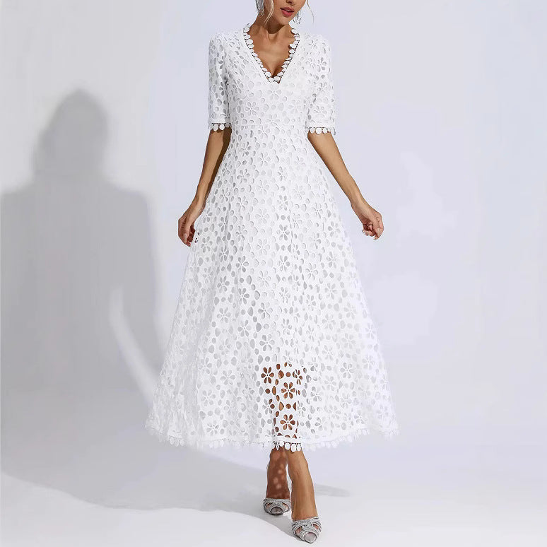 Elegant Deep V-Neck Mid-Sleeve Medium-Length Lace Evening Dress for Women ndash