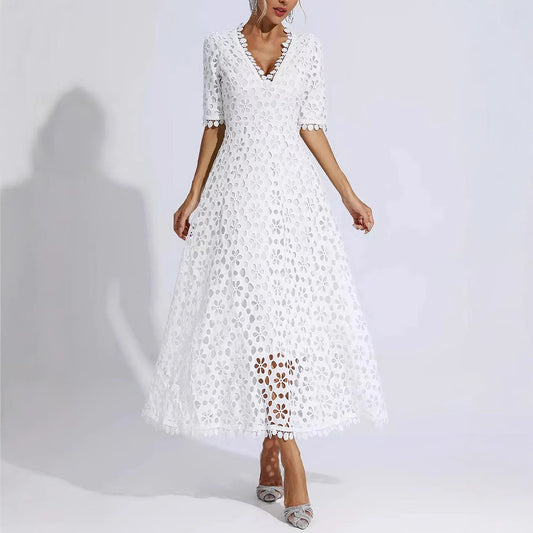 Elegant Deep V-Neck Mid-Sleeve Medium-Length Lace Evening Dress for Women ndash