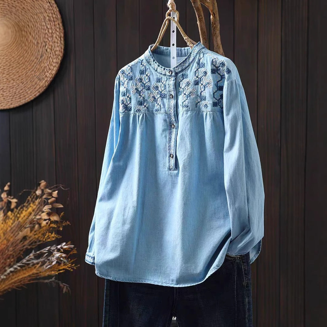 Spring New Cotton Embroidered Stand Collar Denim Shirt Women Loose Long Sleeve Retro Style Pullover Top