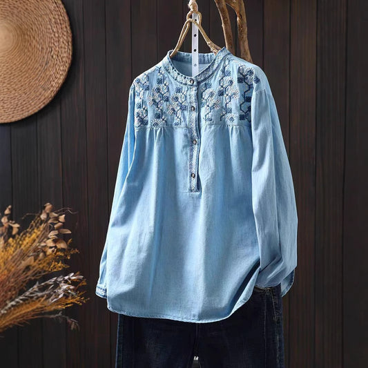 Spring New Cotton Embroidered Stand Collar Denim Shirt Women Loose Long Sleeve Retro Style Pullover Top