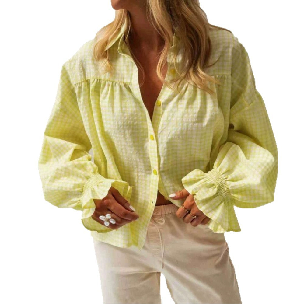 Style new women's flared sleeve plaid long sleeve shirt