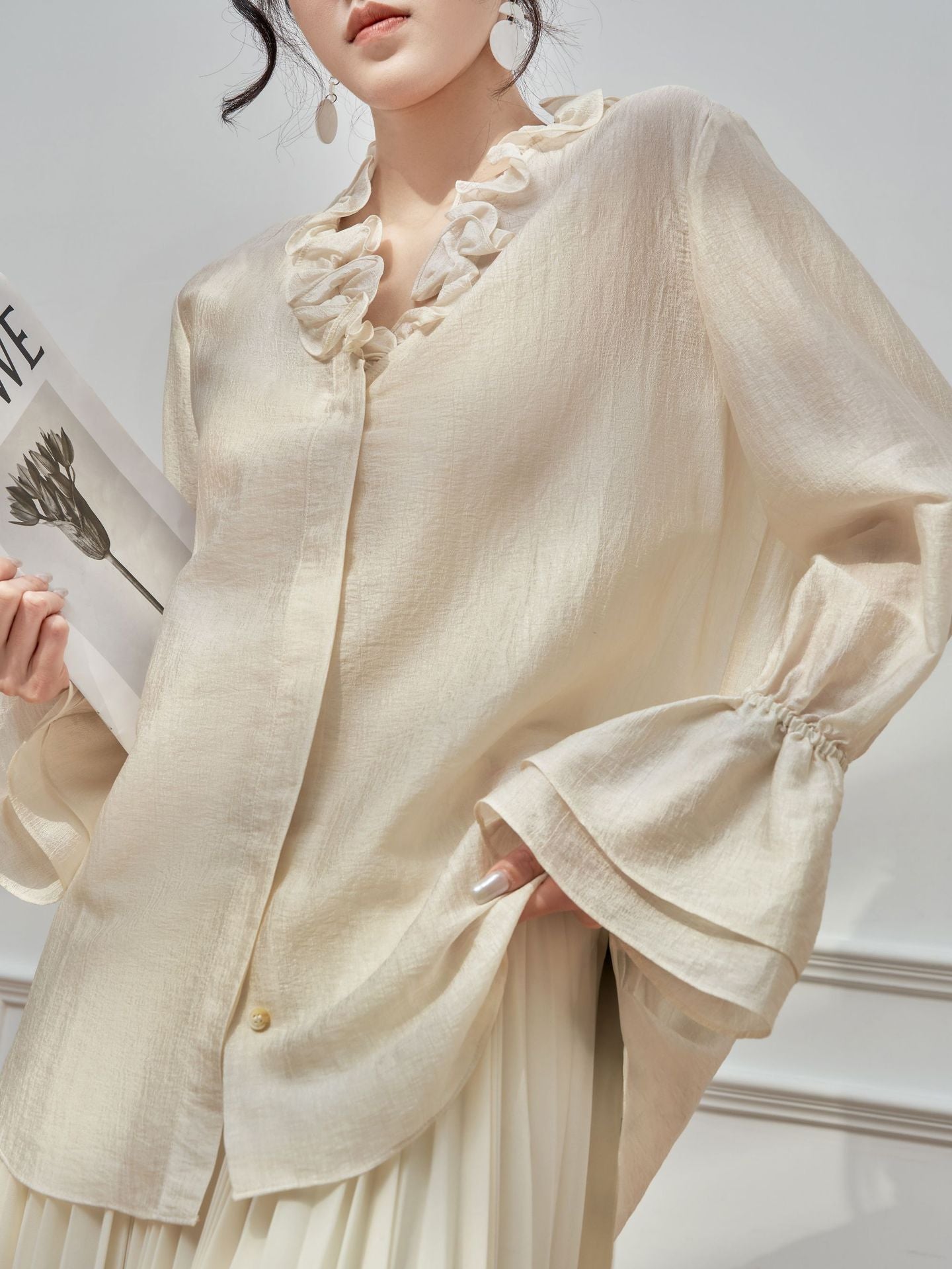 Shimmering Acetate Satin Ruffled Sweetheart Neckline Lightweight Sheer Blouse