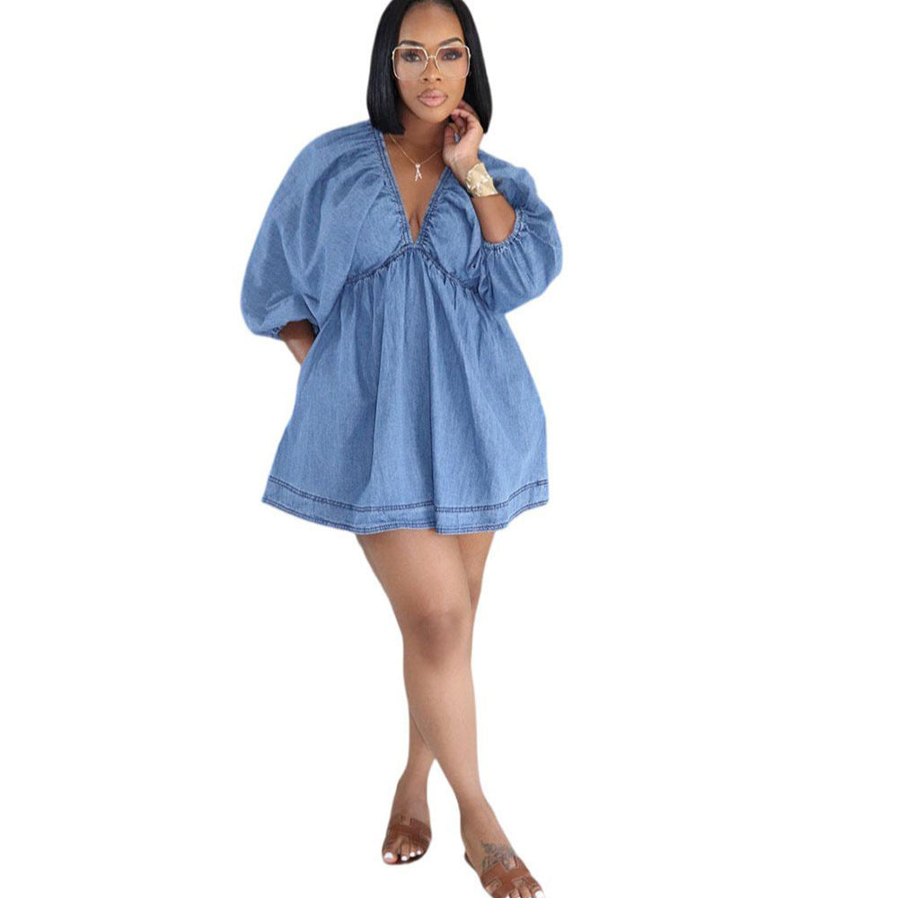 Sexy Women's Fashion Deep V-Neck Bubble Sleeve Denim Mini Dress