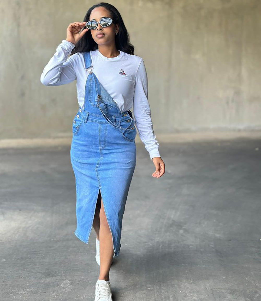 Women's Straight Leg Overalls Dress Street Fashion Large Pocket Slit Denim Skirt