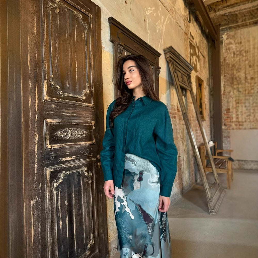 Long Sleeve Blouse with High Waist Printed Bodycon Skirt Set