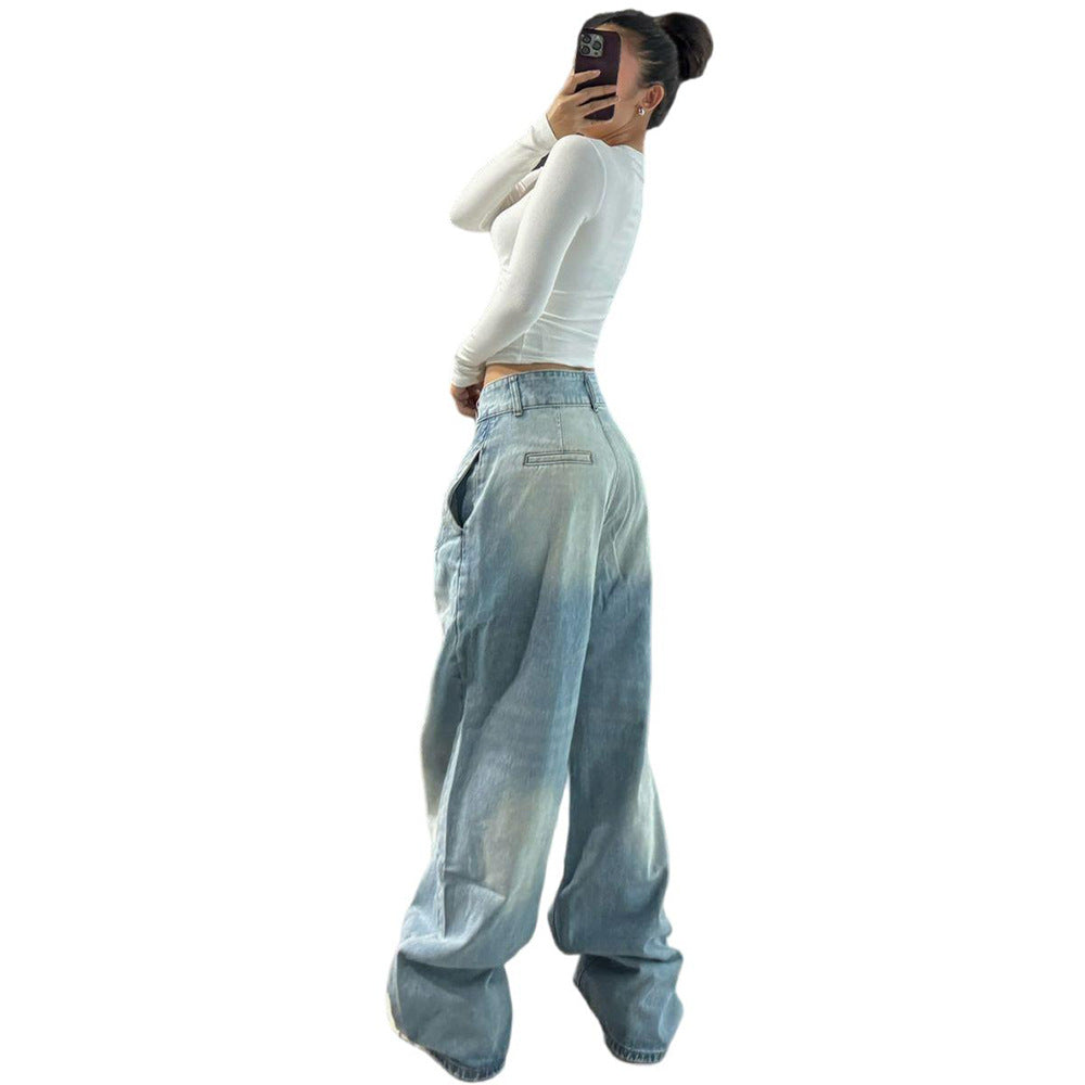 Women's High-Waisted Straight Leg Jeans, Autumn Fashion Dye-Effect Wide Leg Pants
