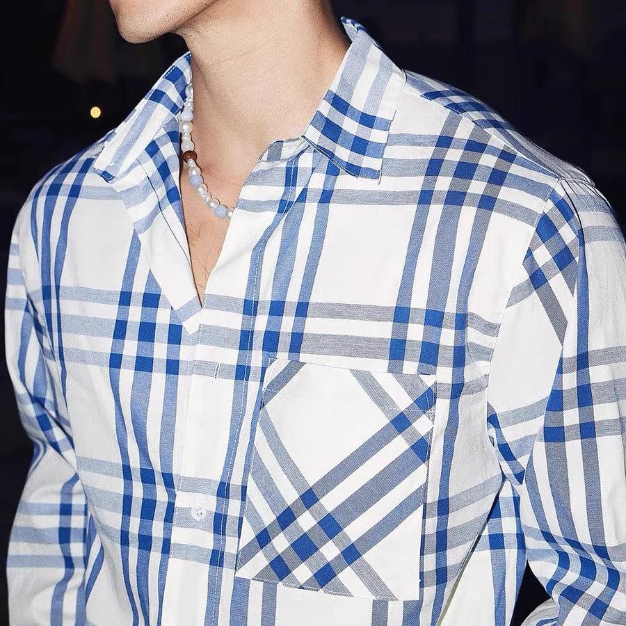 Blue checkered long sleeved shirt for men