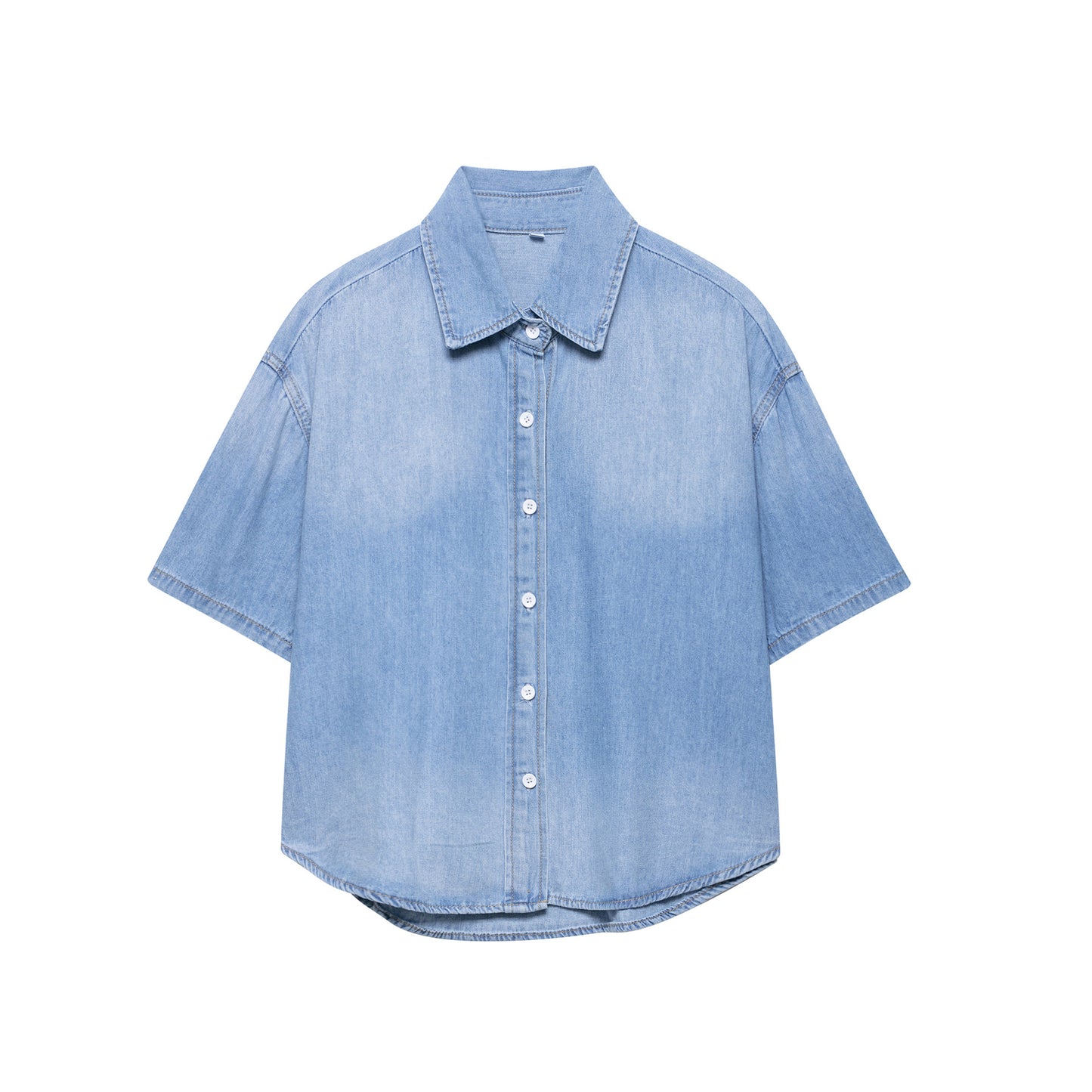 Flip collar short sleeved single breasted denim shirt for women