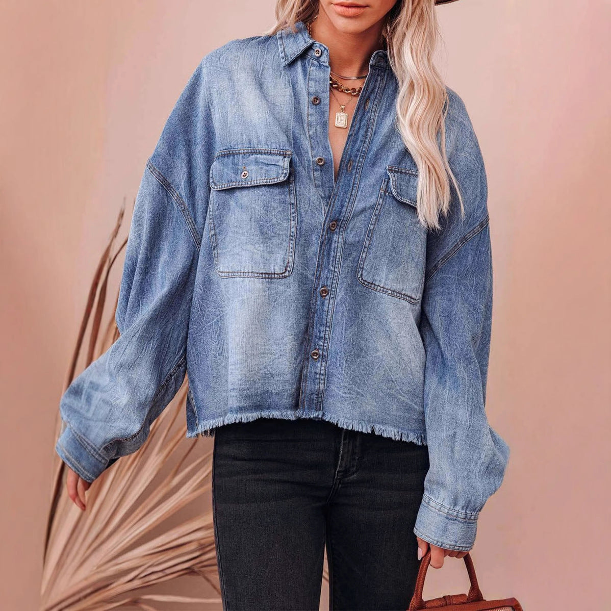 Long sleeved American washed distressed collar vintage denim shirt for women