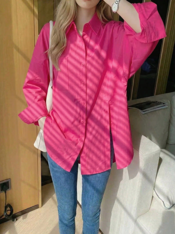 New women's solid color long sleeved shirt with button side slit
