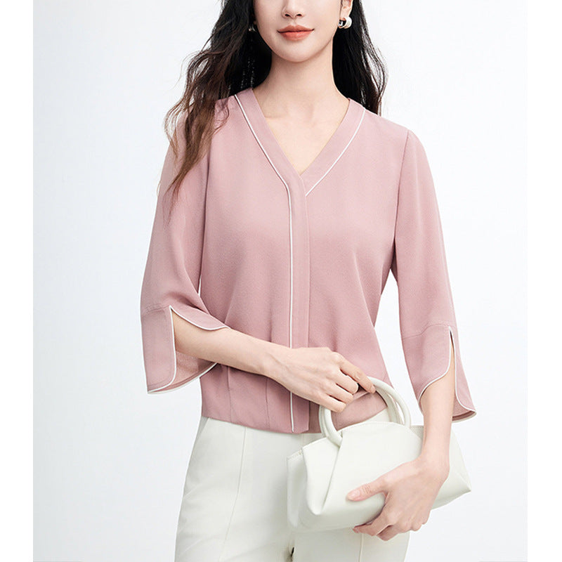 Elegant and Refined Formal Shirt with Color-Blocking Design, Long Sleeve Blouse