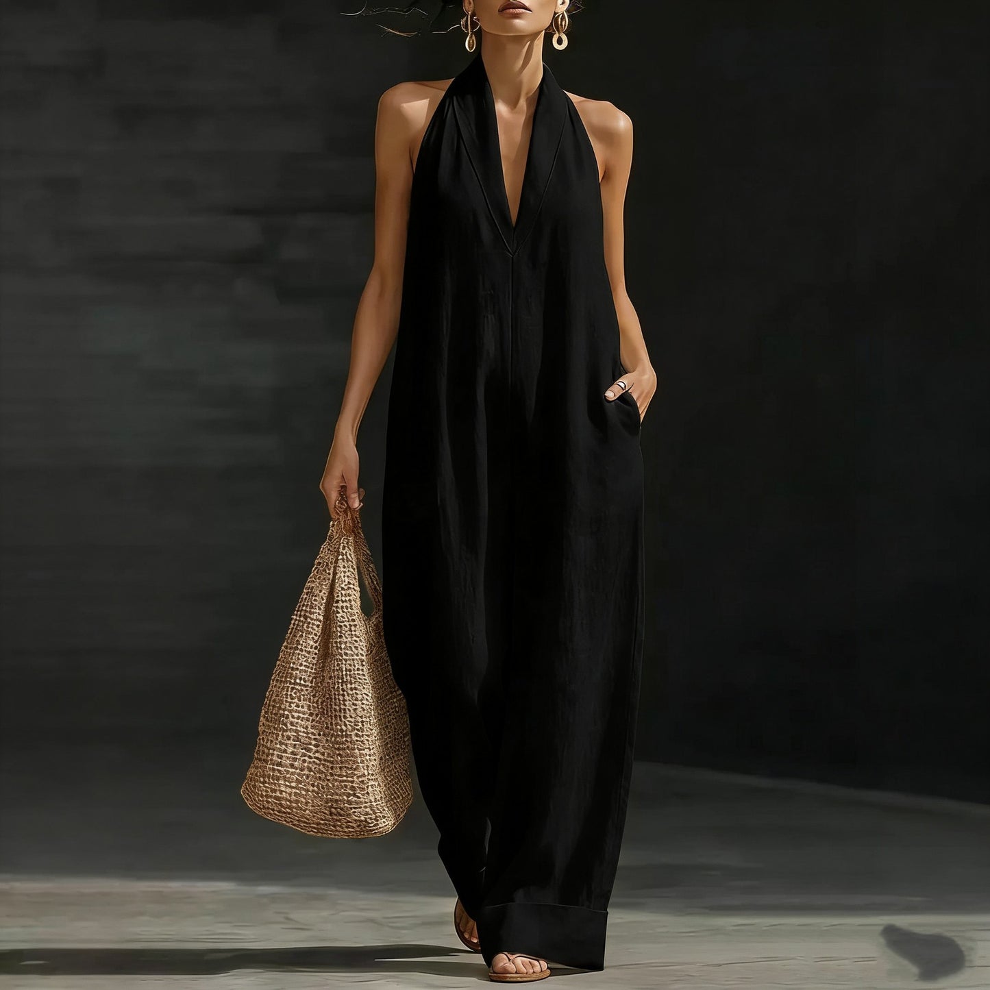 New Summer Women's Casual Solid Color V-Neck Dress