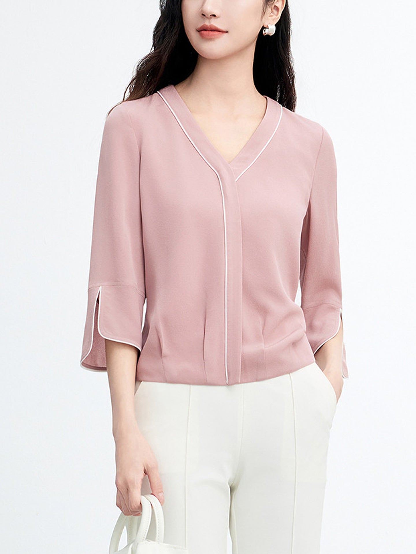 Elegant and Refined Formal Shirt with Color-Blocking Design, Long Sleeve Blouse