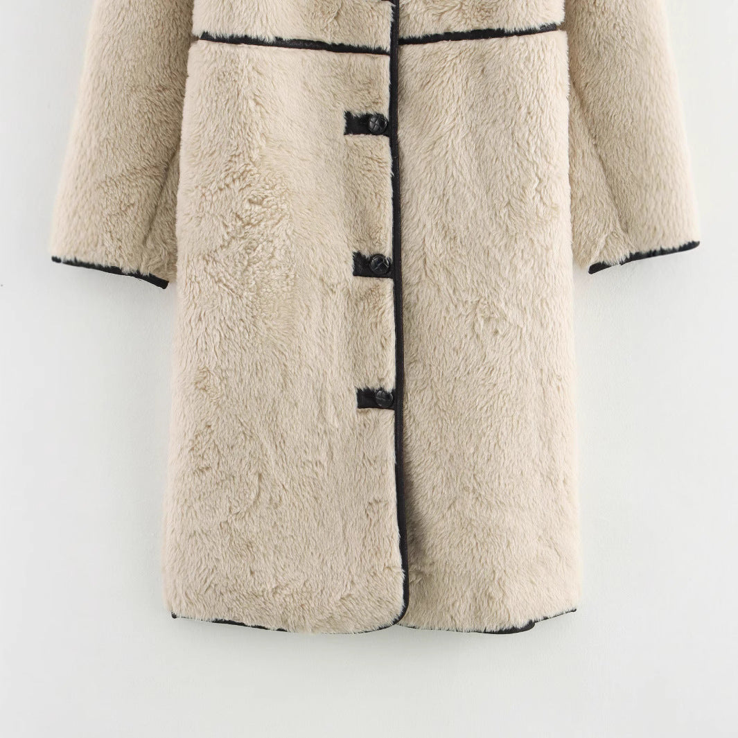 Fashion collar faux fur effect long sleeved woolen coat