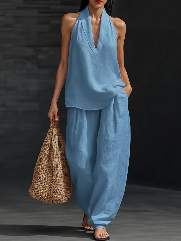Fashionable Solid Color Strapless V-Neck Sleeveless Casual Two-Piece Set for Women