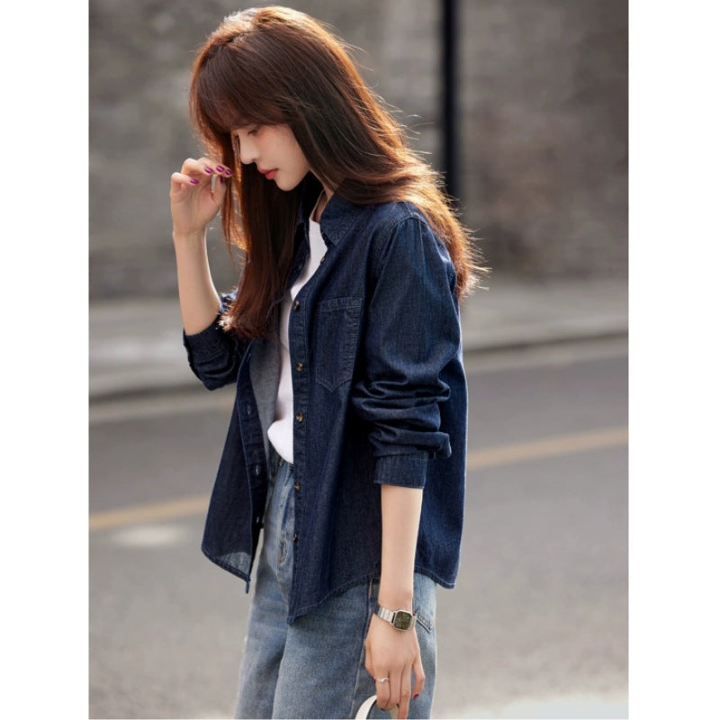 Vintage Washed Denim Shirt Jacket, Lightweight Outerwear, Feminine Style Women's Top