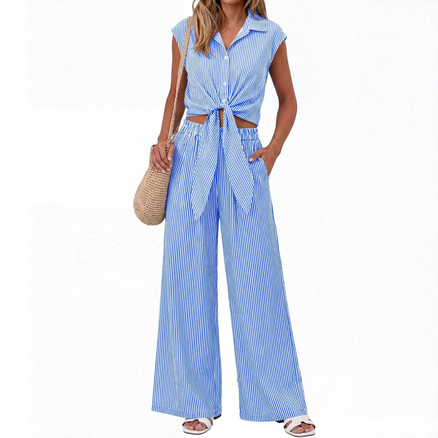 Spring Summer Women's Striped Buttoned Sleeveless Shirt and Pants Set