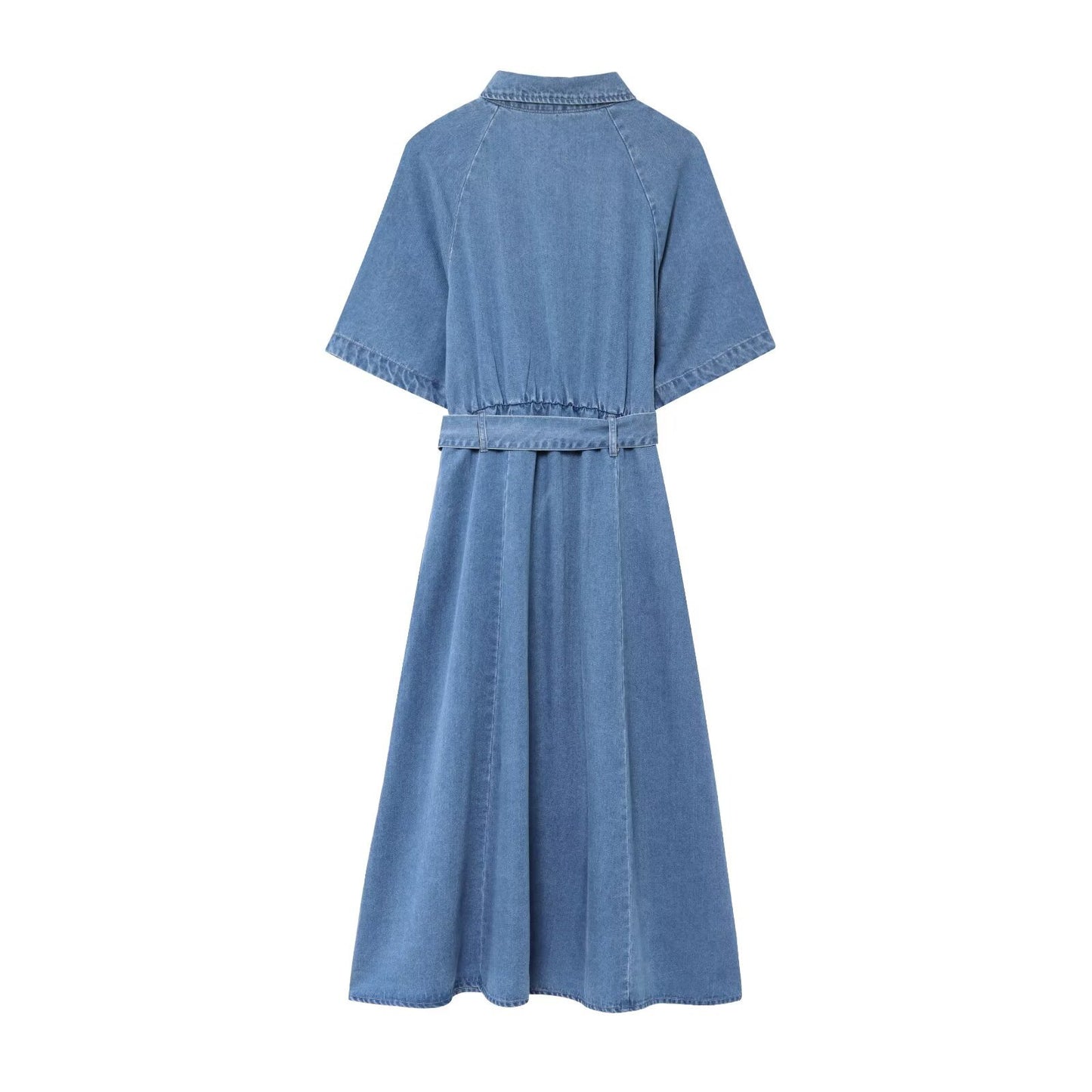 Women's long denim dress with belt and shirt collar
