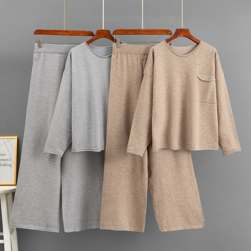 Round neck pocket sweater loose wide leg pants set for women