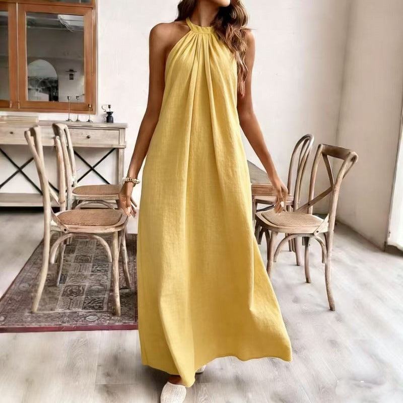 Elegant Solid Color Loose Fashion Halter Backless Long Dress for Women