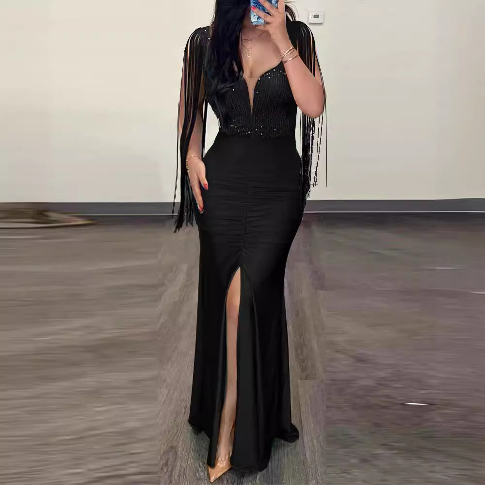 Beaded Bodycon Sexy Dress Round Neck Slit Fringe Sleeve Pleated Evening Gown