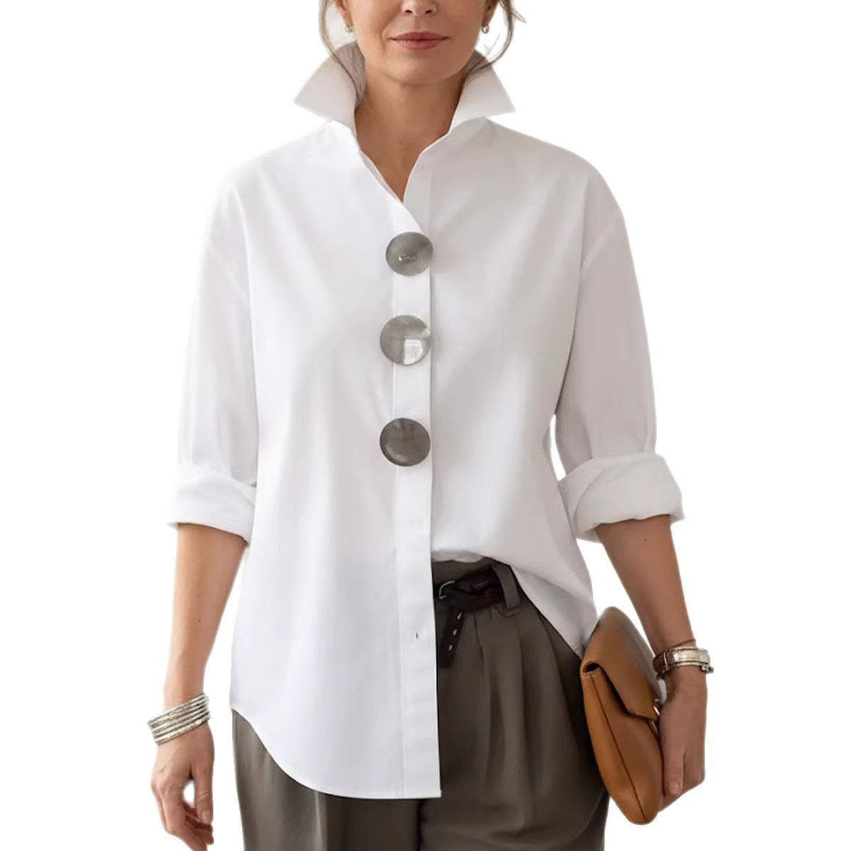 Solid Color Long Sleeve Stand-up Collar Shirt
