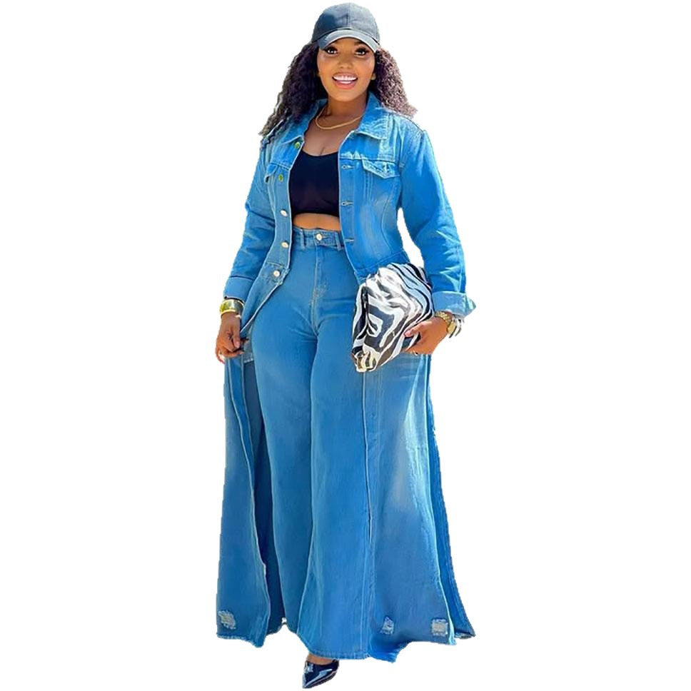 Style Loose Denim Long Coat Women's Autumn Winter Buttoned Open Front Long Sleeve Trench Coat Jacket
