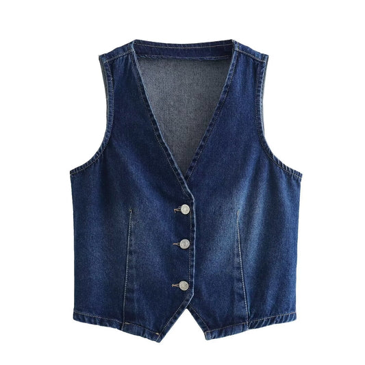 Versatile breasted denim vest sleeveless top