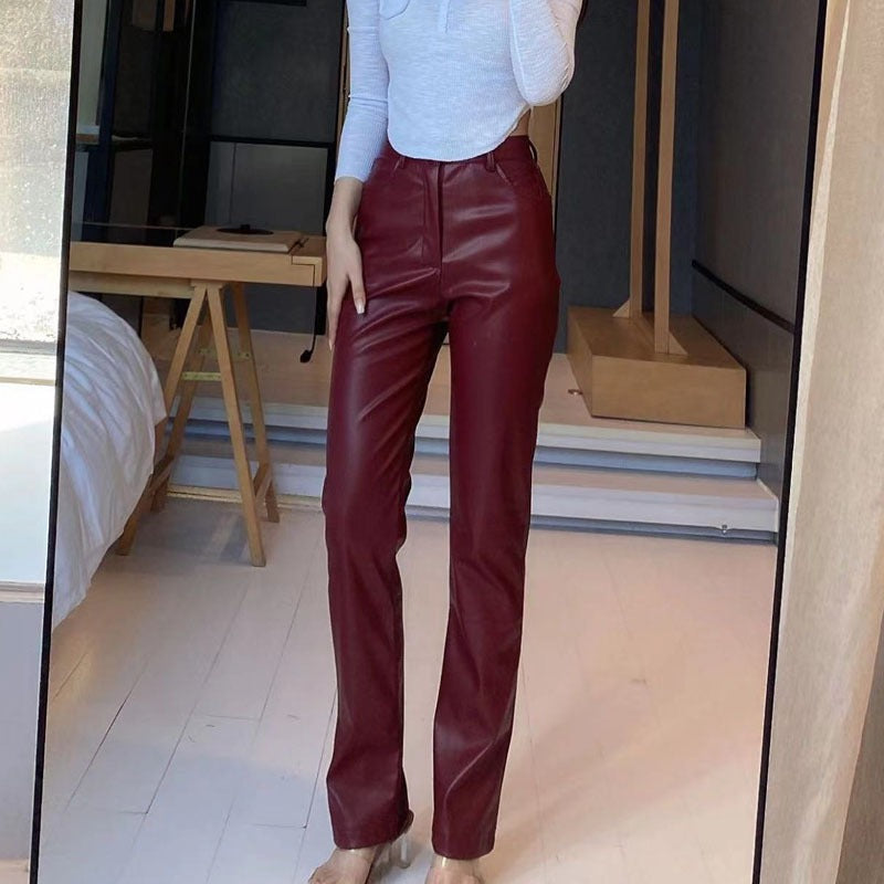 Autumn and Winter Women's PU Long Leather Pants Casual Wide Leg Pants High Waist Straight Tube Leather Pants