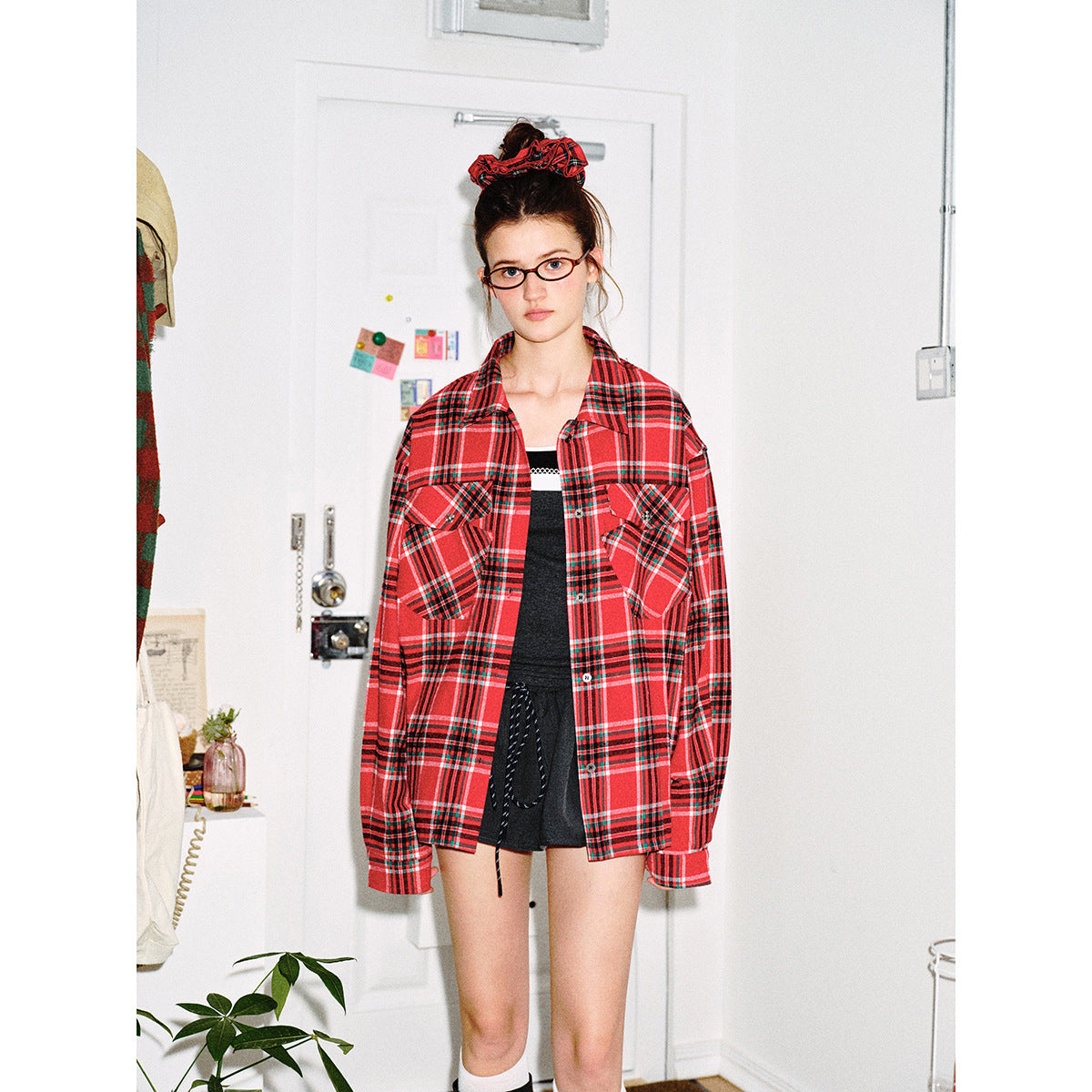 Red checkered shirt long sleeved shirt