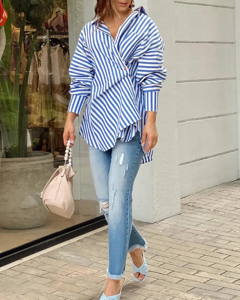 Striped long sleeved irregularly cut lapel shirt