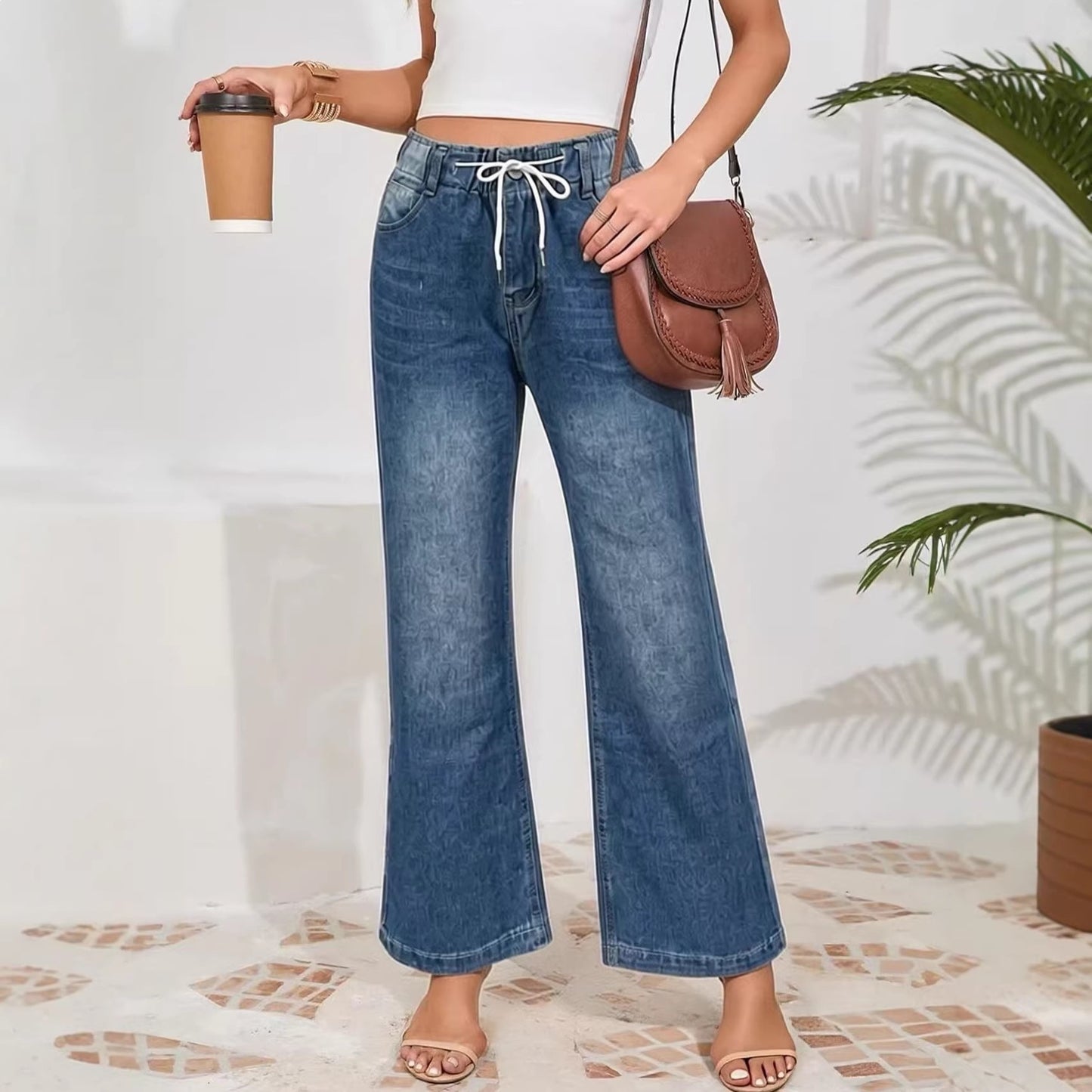Fashionable and personalized slim drawstring wide leg straight leg women's jeans