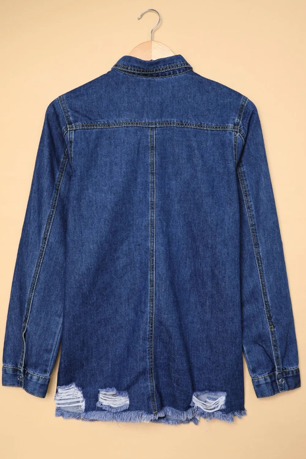 Raw Hem Collared Neck Long Sleeve Denim Jacket