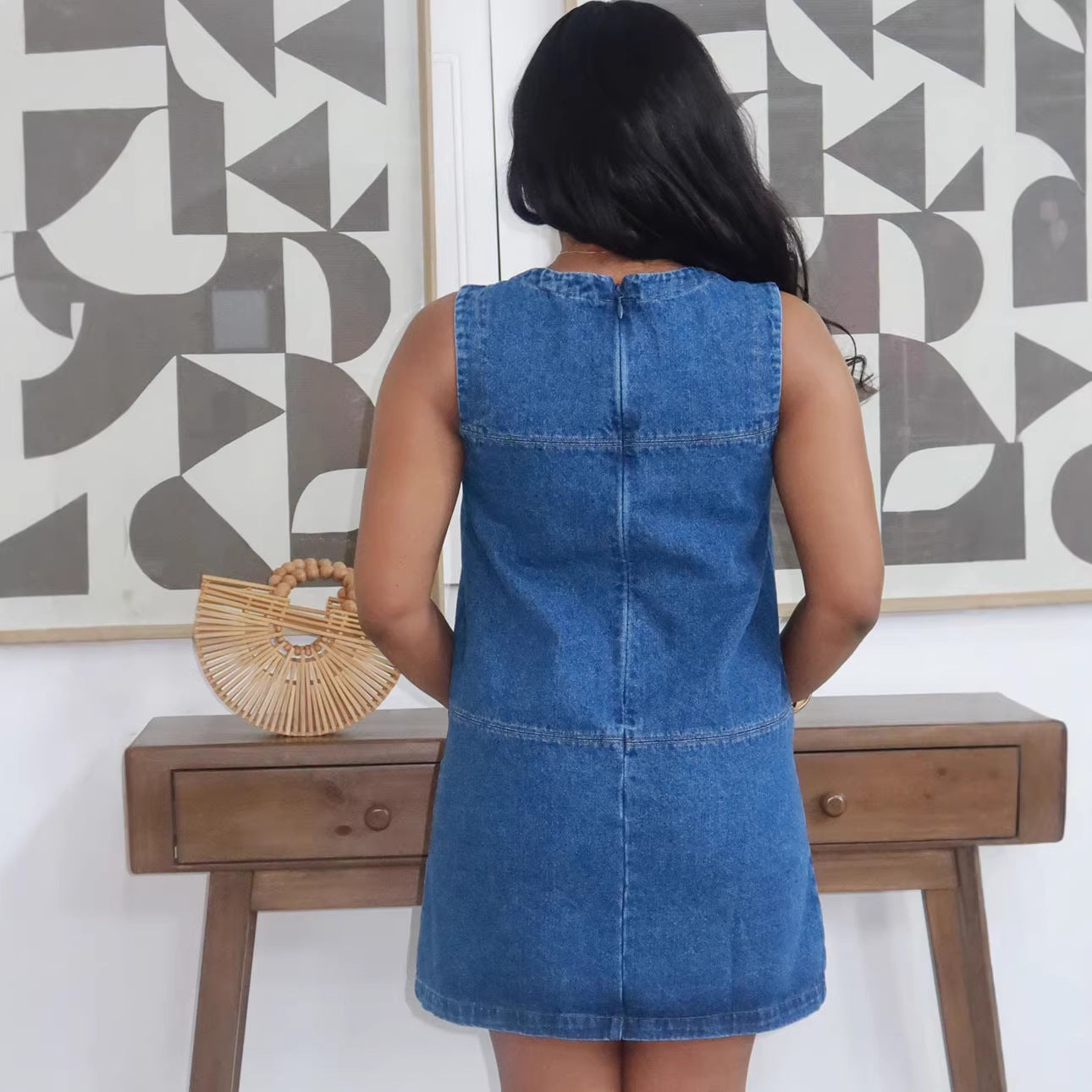 Casual Women's Denim Vest Dress, Loose Round Neck with Large Pocket Design