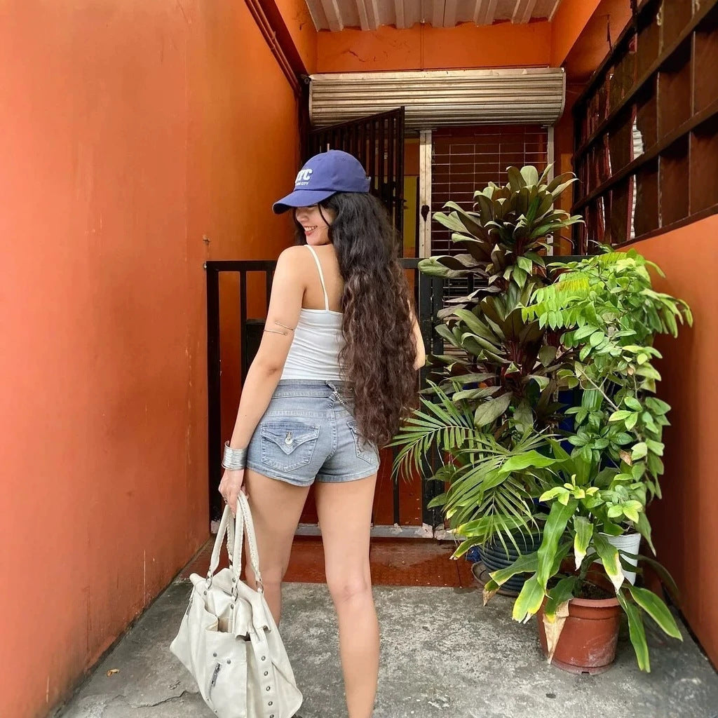 Double Button Low Waist Denim Shorts for Women with Back Pockets, Fitted Hip-Hugging Hot Pants