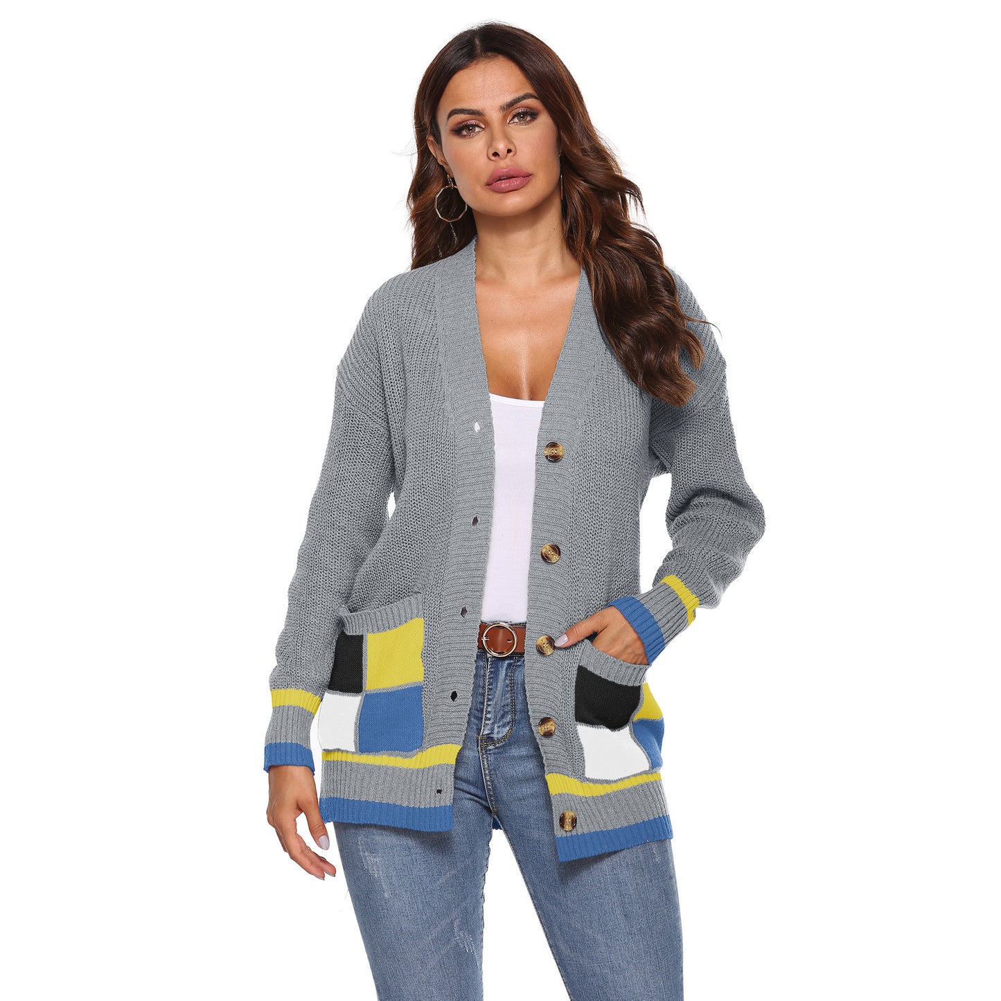 Women's Thick Woven Cardigan Coat with Color-blocked Large Pockets, V-neck Casual Sweater