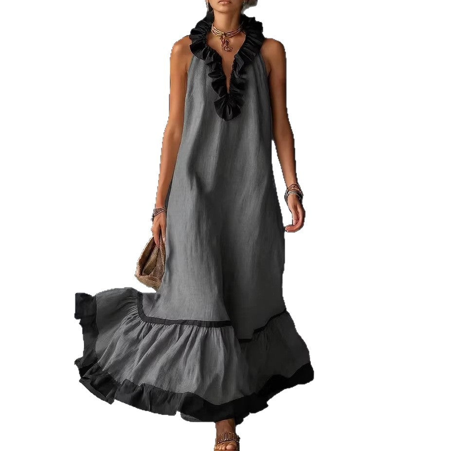Sleeveless V-neck loose ruffle side length vest dress