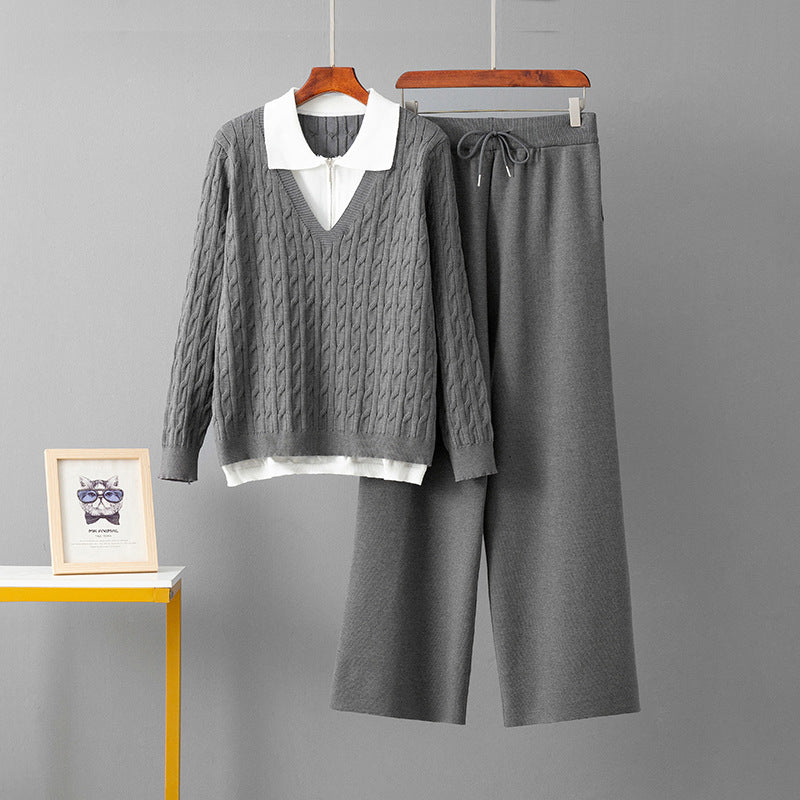 POLO collar splicing top loose straight leg pants two-piece set