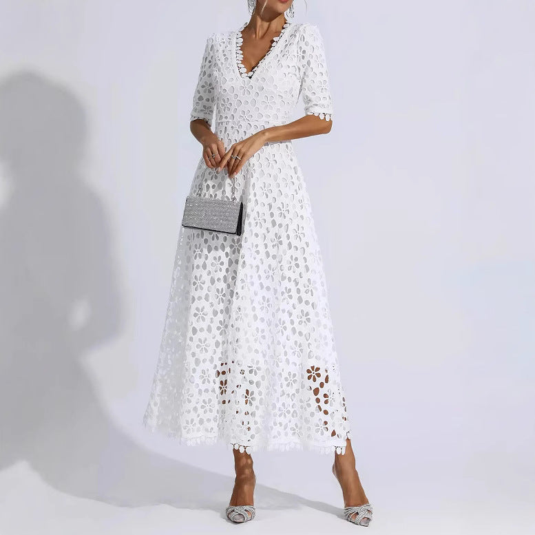 Elegant Deep V-Neck Mid-Sleeve Medium-Length Lace Evening Dress for Women ndash