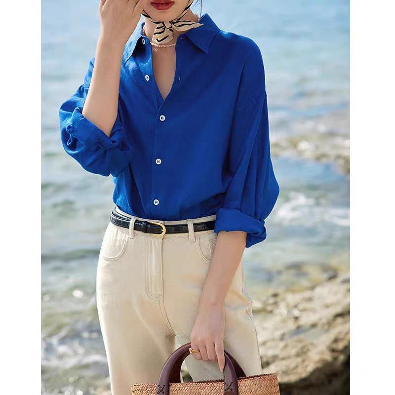 Blue Shirt  Elegant Loose Bohemian Look Lightweight Blouse Cotton Linen Blouse