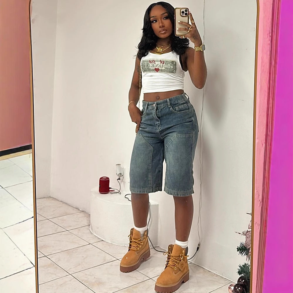 Fashion Women's Casual Denim Pants Summer Vintage Loose Washed Straight Leg Denim Shorts