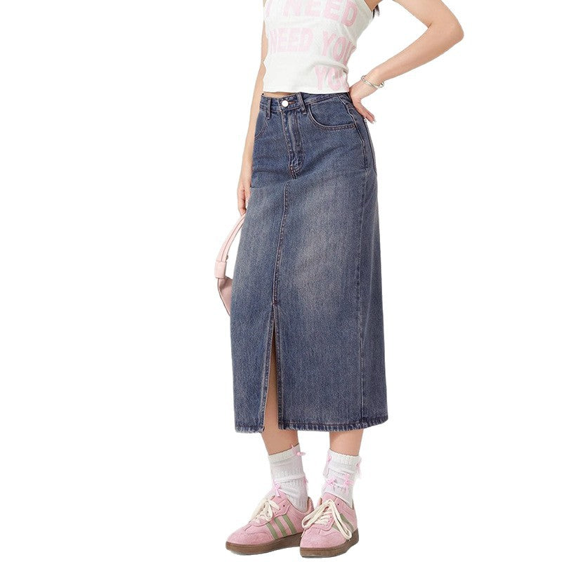 Trendy Versatile  High-Waisted Slit Denim Skirt Women's  Half Skirt Bodycon Denim Skirt