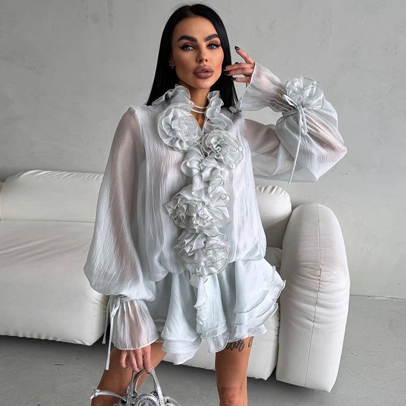 Flower Lantern Sleeve Blouse and Shorts Set