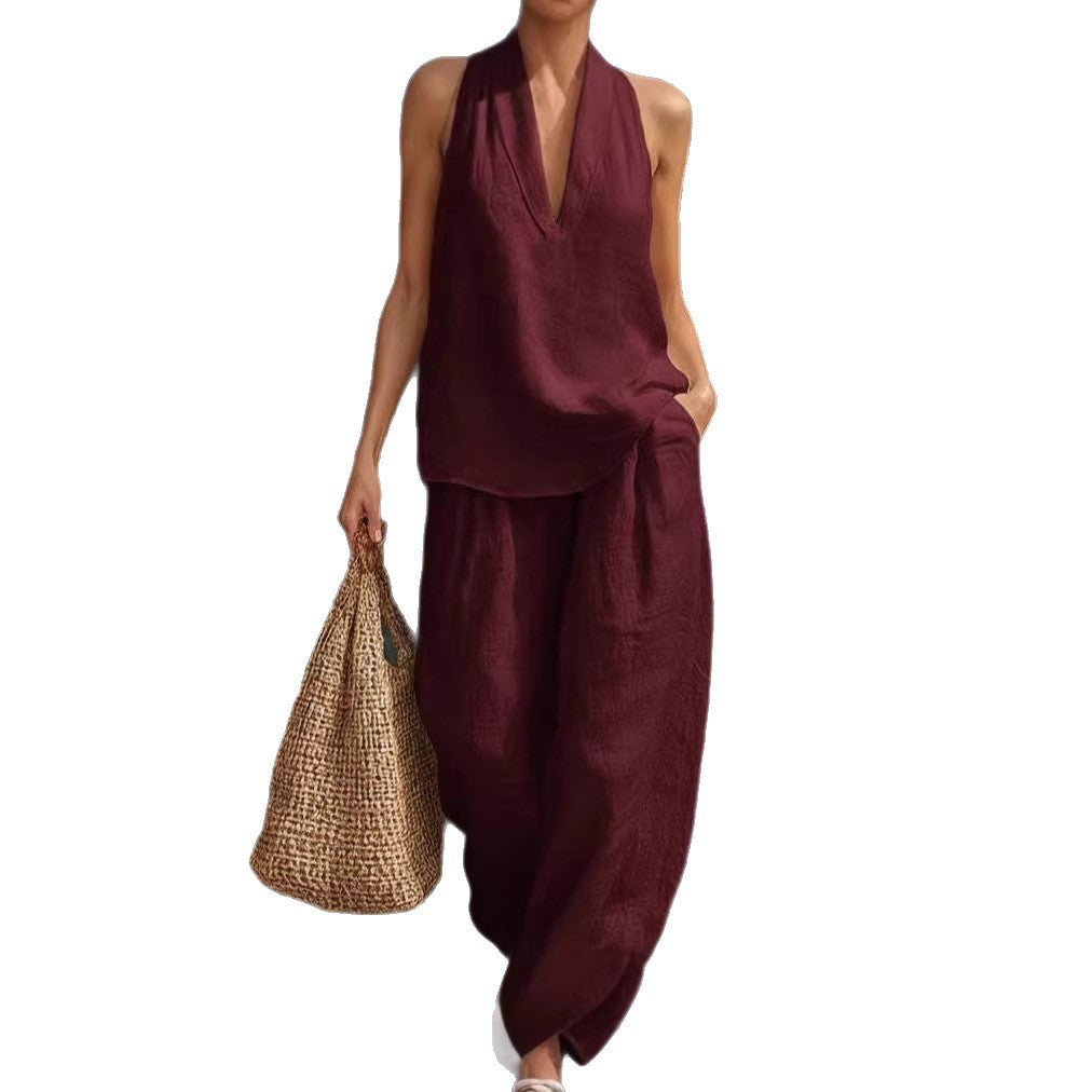 Fashionable Solid Color Strapless V-Neck Sleeveless Casual Two-Piece Set for Women